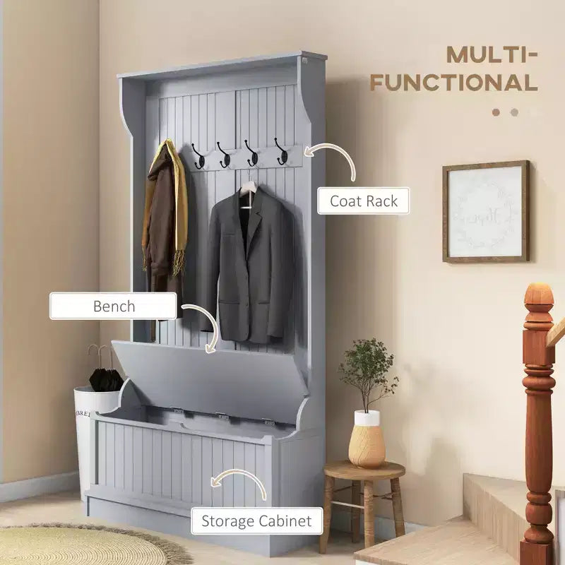 Porte-manteau d'entrée 38" avec 5 crochets en métal, rangement pour chaussures et armoire supérieure - Porte-manteau autoportant, gris