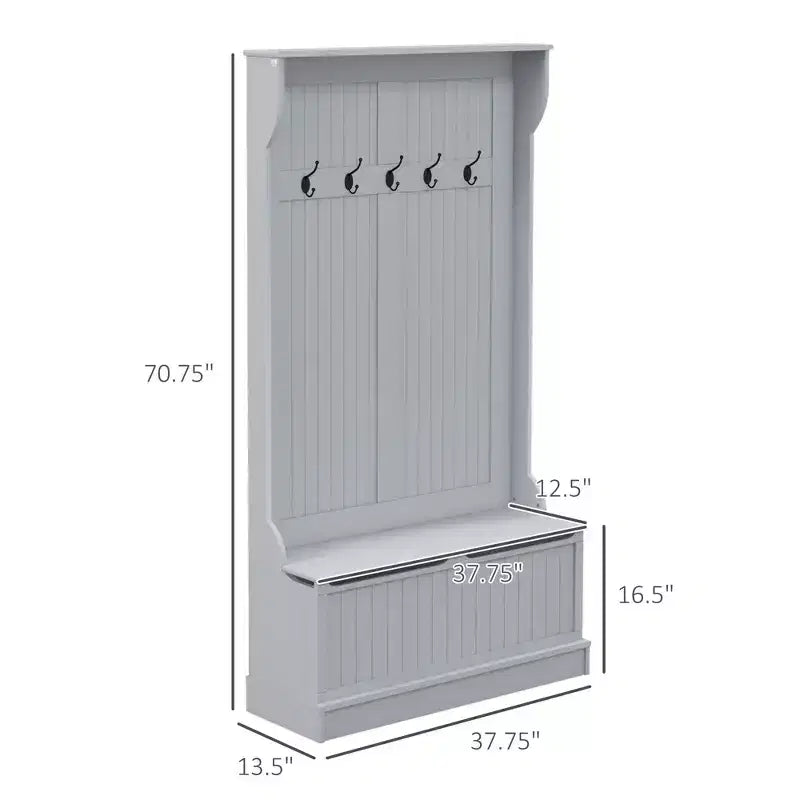 Porte-manteau d'entrée 38" avec 5 crochets en métal, rangement pour chaussures et armoire supérieure - Porte-manteau autoportant, gris