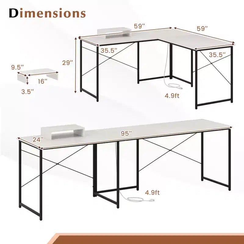 Bureau d'ordinateur en L avec prises de courant, bureau de 95 pouces pour 2 personnes avec étagère pour moniteur et ports USB - Table de jeu d'angle, blanc