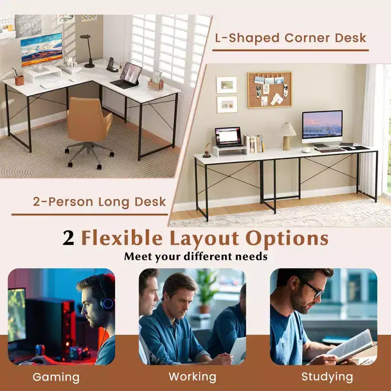 Bureau d'ordinateur en L avec prises de courant, bureau de 95 pouces pour 2 personnes avec étagère pour moniteur et ports USB - Table de jeu d'angle, blanc