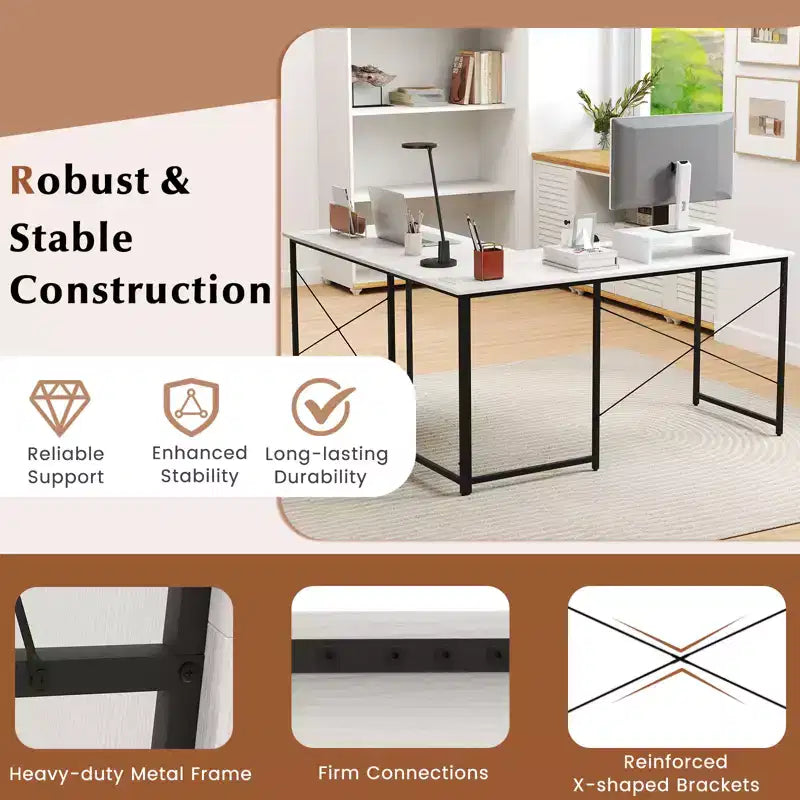 Bureau d'ordinateur en L avec prises de courant, bureau de 95 pouces pour 2 personnes avec étagère pour moniteur et ports USB - Table de jeu d'angle, blanc