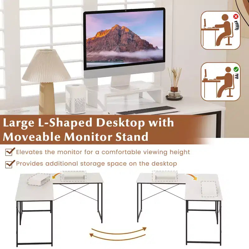 Bureau d'ordinateur en L avec prises de courant, bureau de 95 pouces pour 2 personnes avec étagère pour moniteur et ports USB - Table de jeu d'angle, blanc