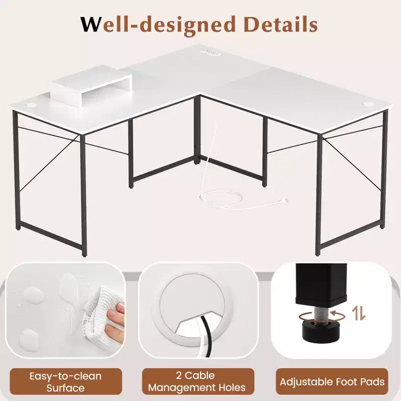 Bureau d'ordinateur en L avec prises de courant, bureau de 95 pouces pour 2 personnes avec étagère pour moniteur et ports USB - Table de jeu d'angle, blanc