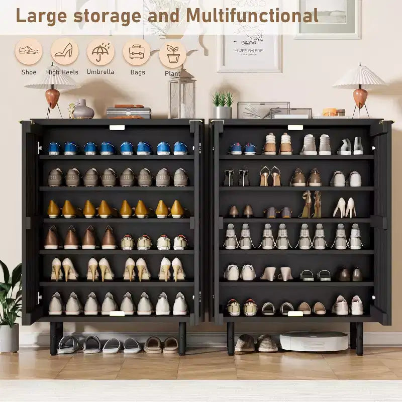 Meuble à chaussures 6 niveaux avec portes persiennes - Étagère à chaussures étroite autoportante pour entrée, peut contenir 24 paires
