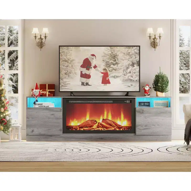 Meuble TV noir de 70" pour téléviseurs jusqu'à 75" - Meuble de divertissement moderne en bois compatible avec un insert de cheminée électrique de 36"