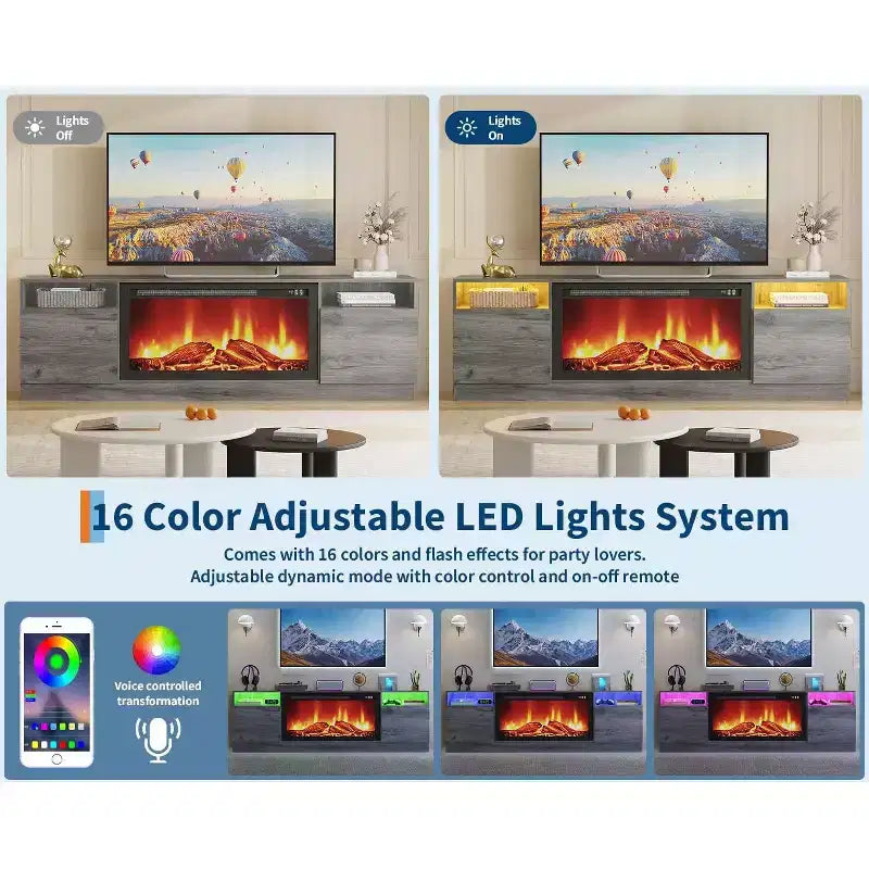 Meuble TV noir de 70" pour téléviseurs jusqu'à 75" - Meuble de divertissement moderne en bois compatible avec un insert de cheminée électrique de 36"