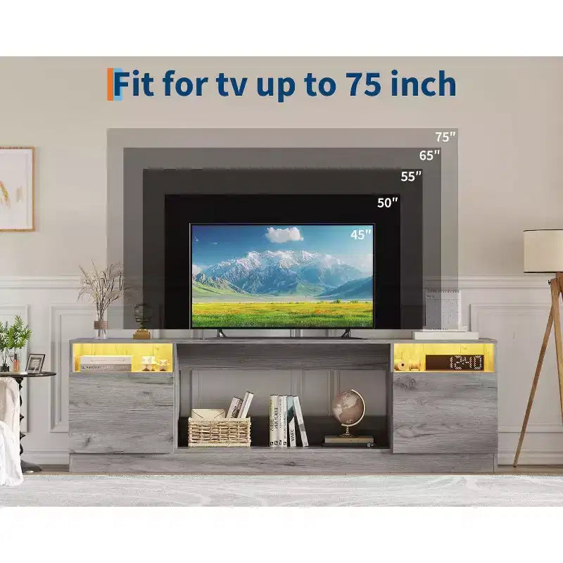 Meuble TV noir de 70" pour téléviseurs jusqu'à 75" - Meuble de divertissement moderne en bois compatible avec un insert de cheminée électrique de 36"