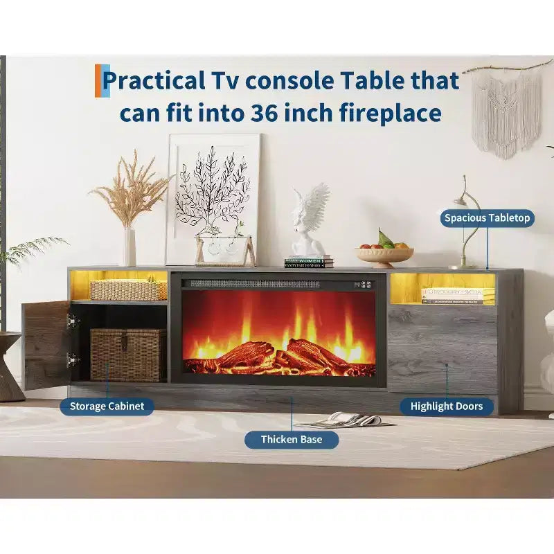 Meuble TV noir de 70" pour téléviseurs jusqu'à 75" - Meuble de divertissement moderne en bois compatible avec un insert de cheminée électrique de 36"