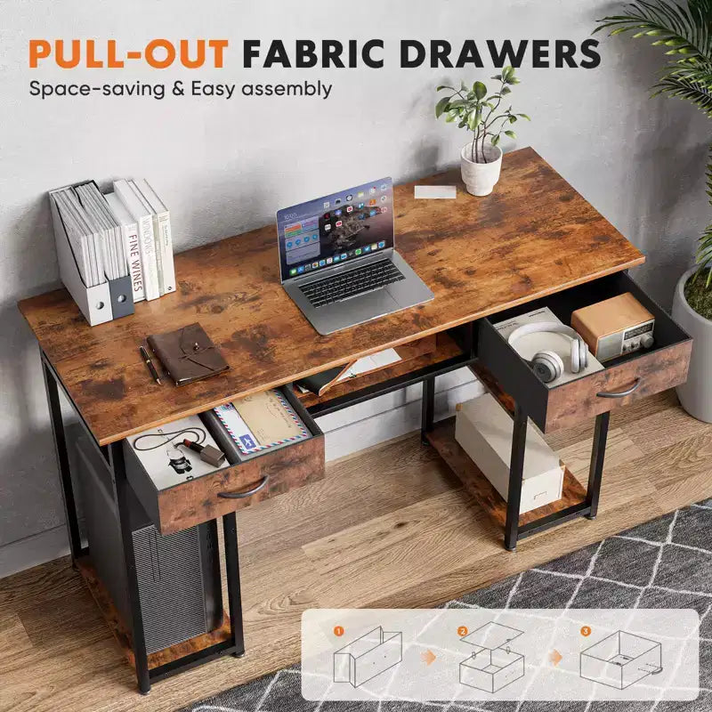 Bureau d'ordinateur 48" avec 2 tiroirs et étagères ouvertes - Bureau d'écriture pour la maison, le bureau, l'étude, le jeu et la coiffeuse