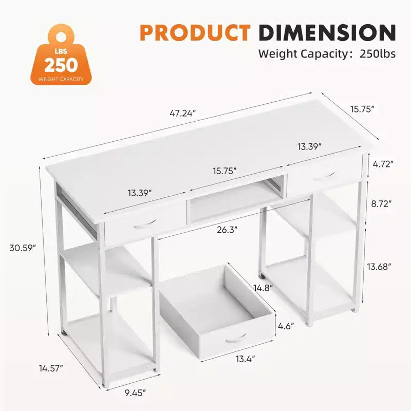 Bureau d'ordinateur 48" avec 2 tiroirs et étagères ouvertes - Bureau d'écriture pour la maison, le bureau, l'étude, le jeu et la coiffeuse