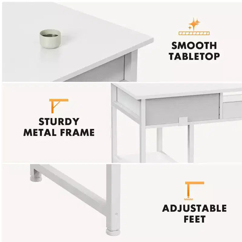 Bureau d'ordinateur 48" avec 2 tiroirs et étagères ouvertes - Bureau d'écriture pour la maison, le bureau, l'étude, le jeu et la coiffeuse