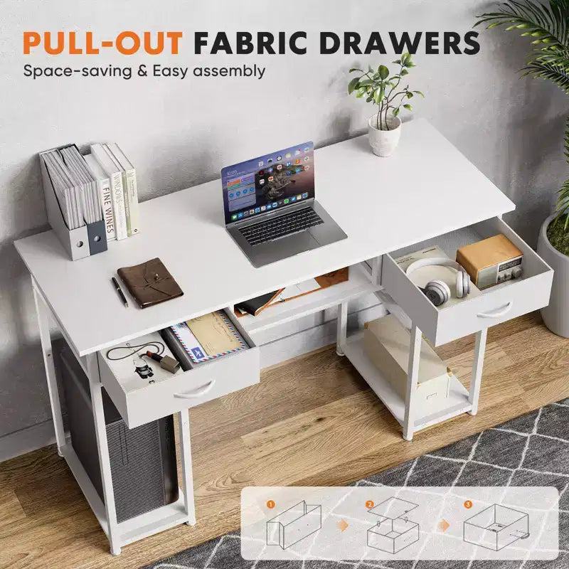 Bureau d'ordinateur 48" avec 2 tiroirs et étagères ouvertes - Bureau d'écriture pour la maison, le bureau, l'étude, le jeu et la coiffeuse