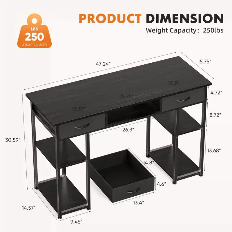 Bureau d'ordinateur 48" avec 2 tiroirs et étagères ouvertes - Bureau d'écriture pour la maison, le bureau, l'étude, le jeu et la coiffeuse