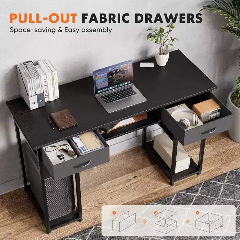 Bureau d'ordinateur 48" avec 2 tiroirs et étagères ouvertes - Bureau d'écriture pour la maison, le bureau, l'étude, le jeu et la coiffeuse