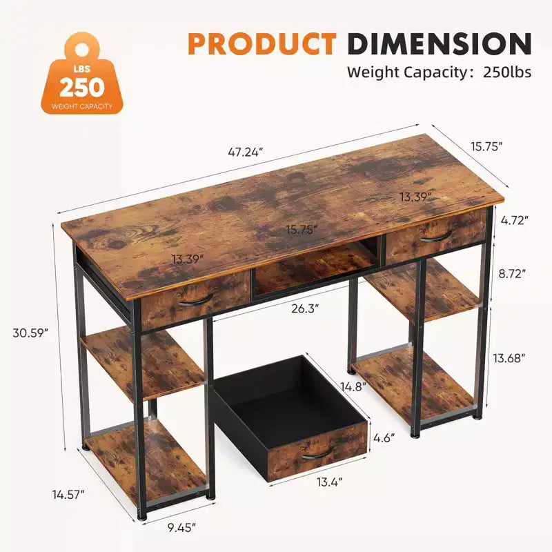 Bureau d'ordinateur 48" avec 2 tiroirs et étagères ouvertes - Bureau d'écriture pour la maison, le bureau, l'étude, le jeu et la coiffeuse