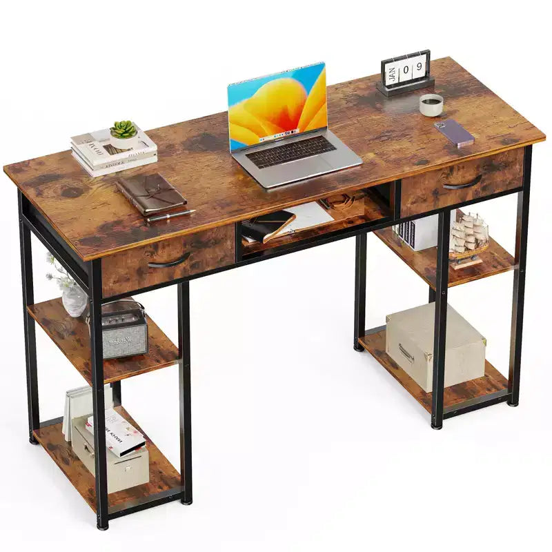 Bureau d'ordinateur 48" avec 2 tiroirs et étagères ouvertes - Bureau d'écriture pour la maison, le bureau, l'étude, le jeu et la coiffeuse