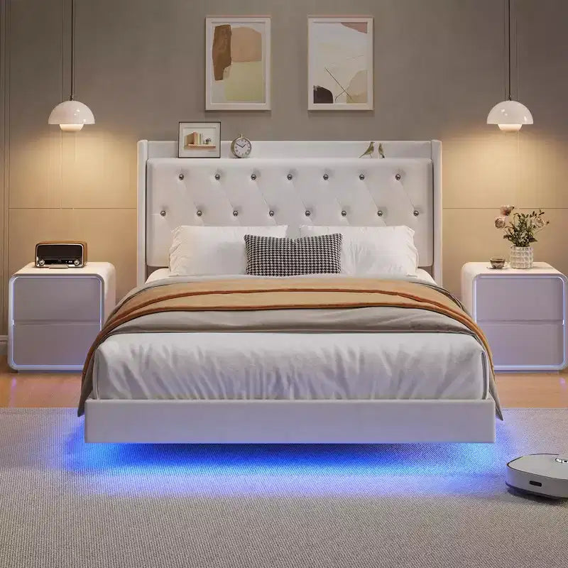 Lit plateforme flottant avec tête de lit capitonnée en velours et rangement intégré - Pas besoin de sommier tapissier, silencieux