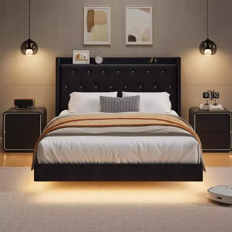 Lit plateforme flottant avec tête de lit capitonnée en velours et rangement intégré - Pas besoin de sommier tapissier, silencieux
