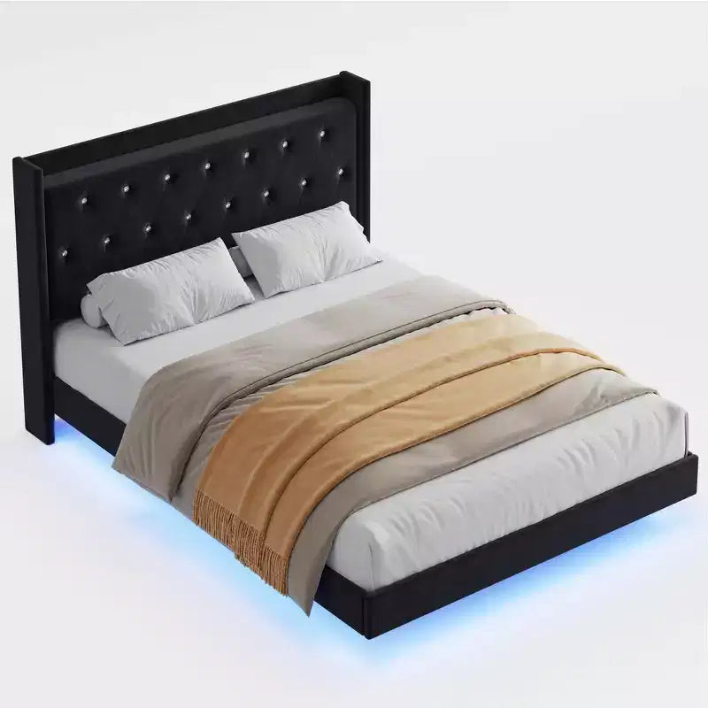 Lit plateforme flottant avec tête de lit capitonnée en velours et rangement intégré - Pas besoin de sommier tapissier, silencieux