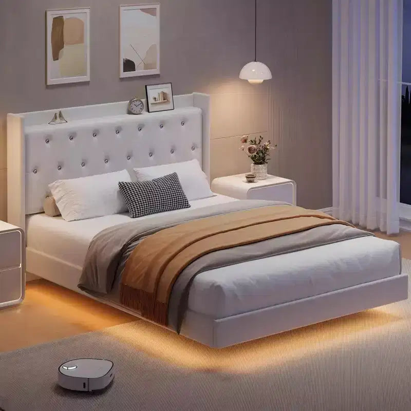 Lit plateforme flottant avec tête de lit capitonnée en velours et rangement intégré - Pas besoin de sommier tapissier, silencieux