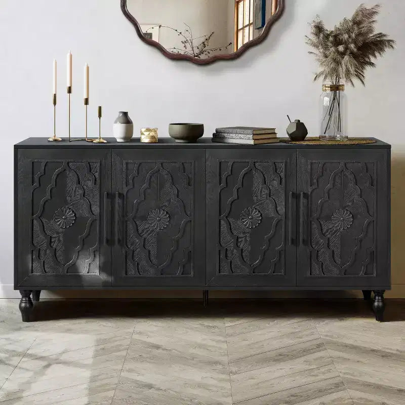 Sideboard Buffet, Wood Floor Cabinet With Carved Flower Door, Metal Handle, Freestanding Sideboard