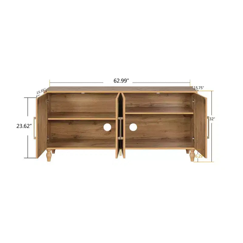 Bahut autoportant avec portes à fleurs sculptées et poignées en métal - Meuble bas en bois de 63 po de large