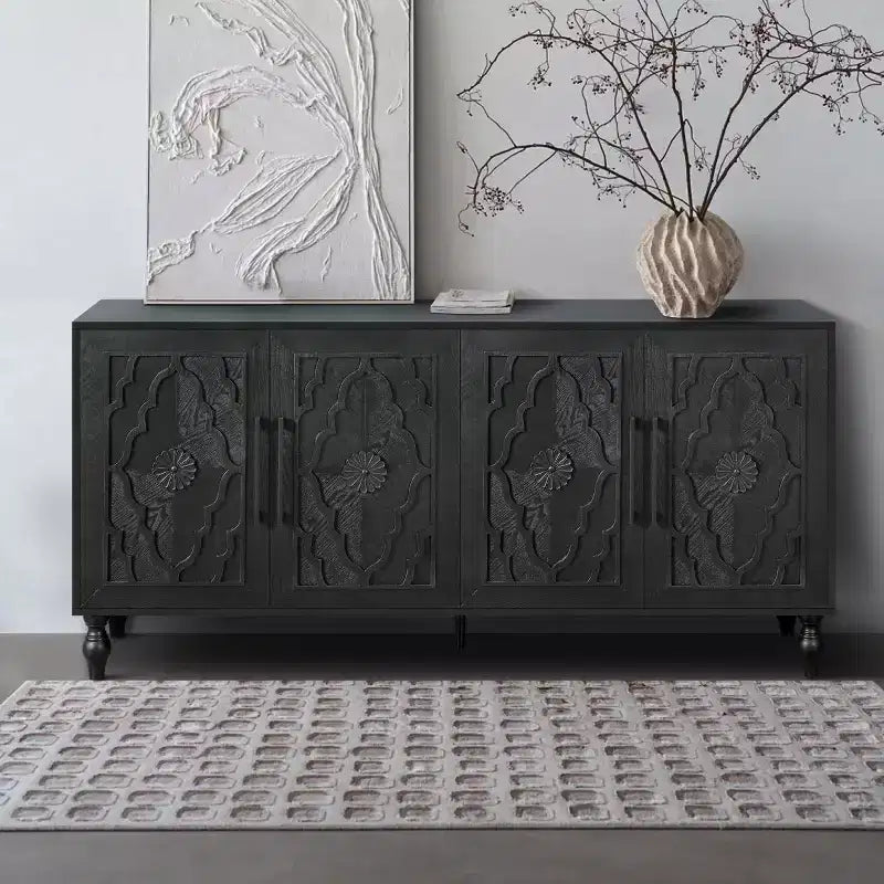 Bahut autoportant avec portes à fleurs sculptées et poignées en métal - Meuble bas en bois de 63 po de large