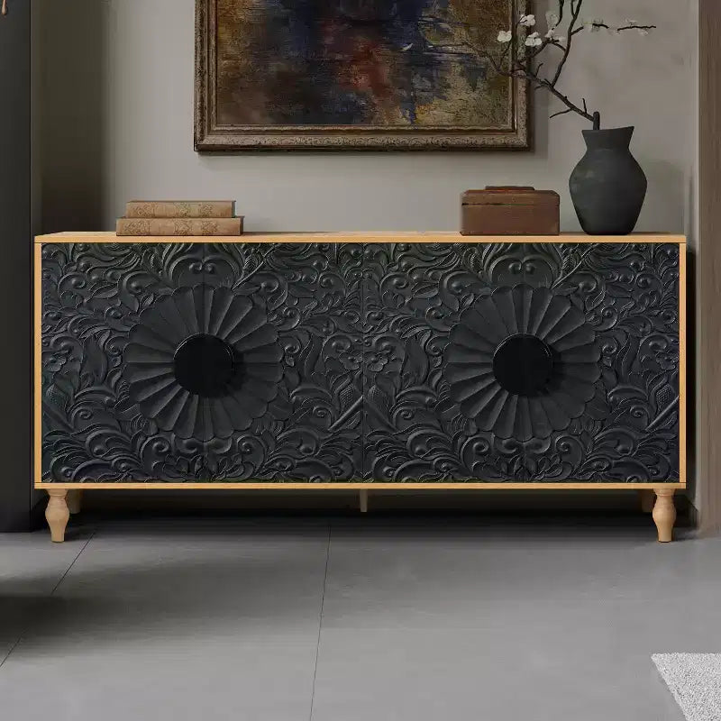 Bahut autoportant avec portes à fleurs sculptées et poignées en métal - Meuble bas en bois de 63 po de large