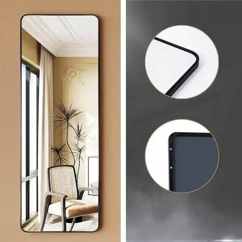 Miroir de porte pleine longueur 48x130cm - Cadre en aluminium noir mat, hauteur réglable, film anti-éclats