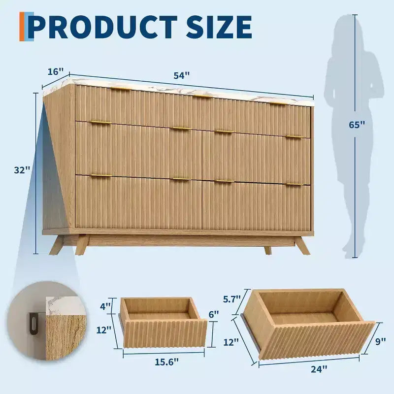 Commode 7 tiroirs cannelés de 137 cm de large - Commode moderne à panneaux ondulés pour chambre, salon et couloir