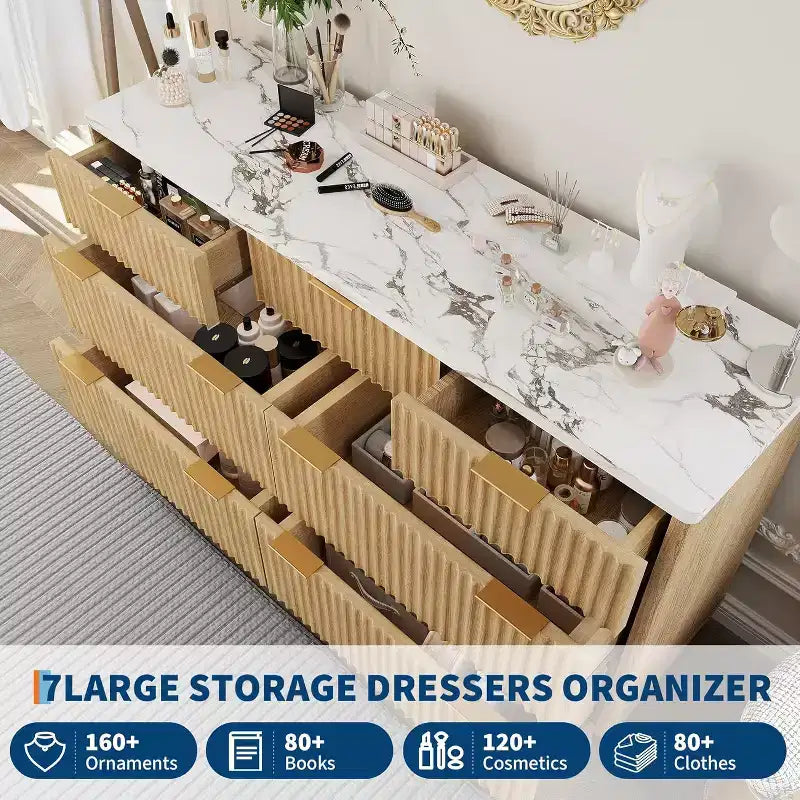 Commode 7 tiroirs cannelés de 137 cm de large - Commode moderne à panneaux ondulés pour chambre, salon et couloir