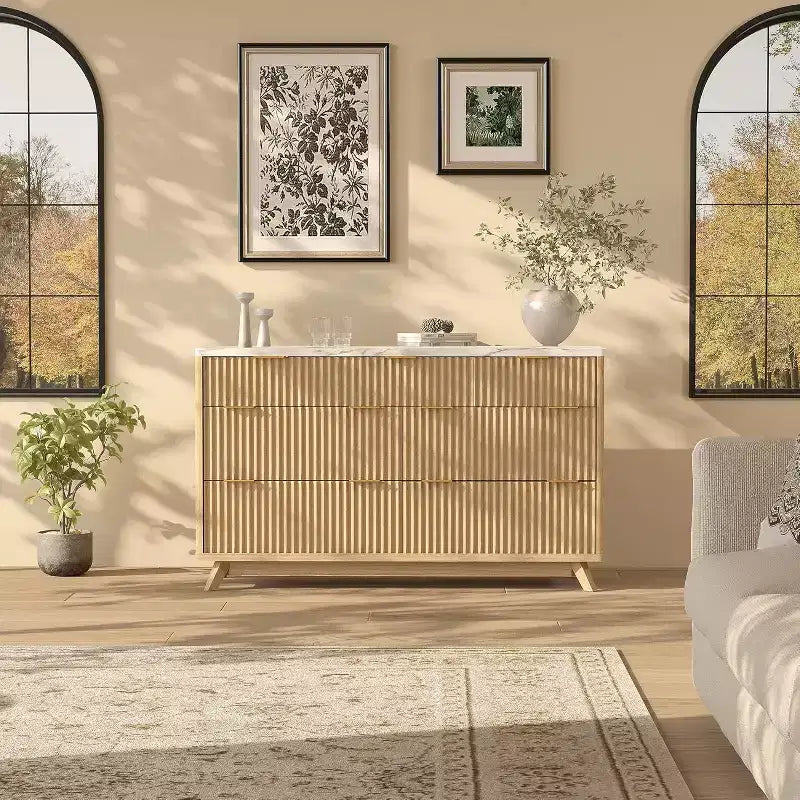 Commode 7 tiroirs cannelés de 137 cm de large - Commode moderne à panneaux ondulés pour chambre, salon et couloir