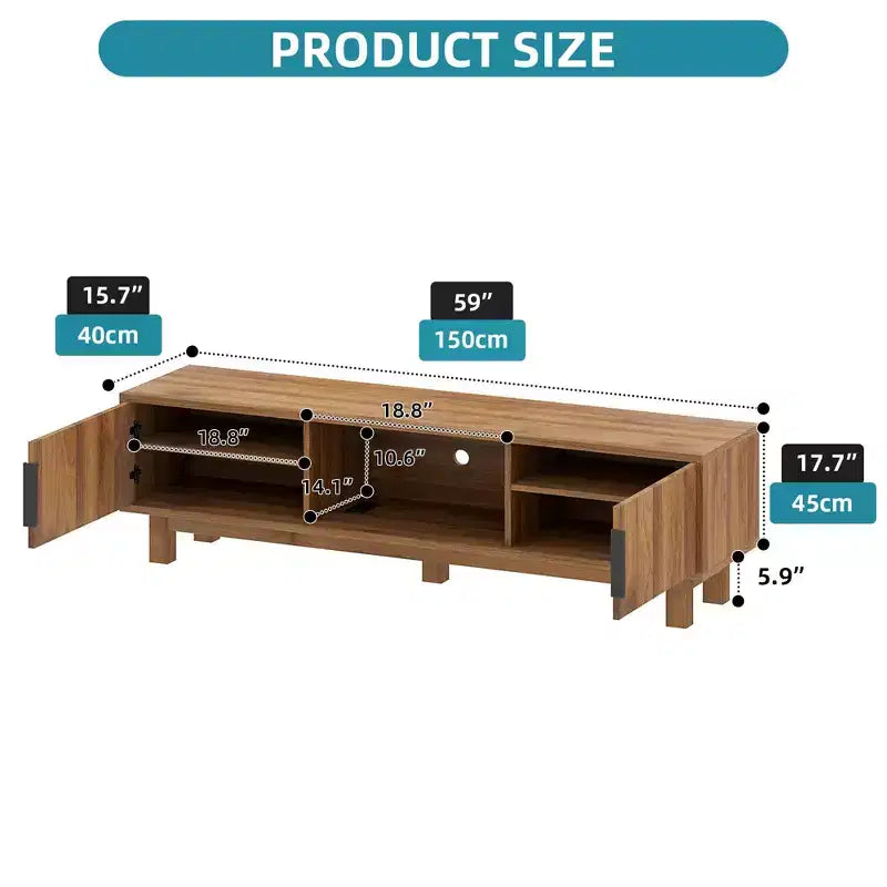 Meuble TV cannelé pour téléviseurs jusqu'à 65" avec prises de courant et rangement - Meuble TV bas couleur noyer