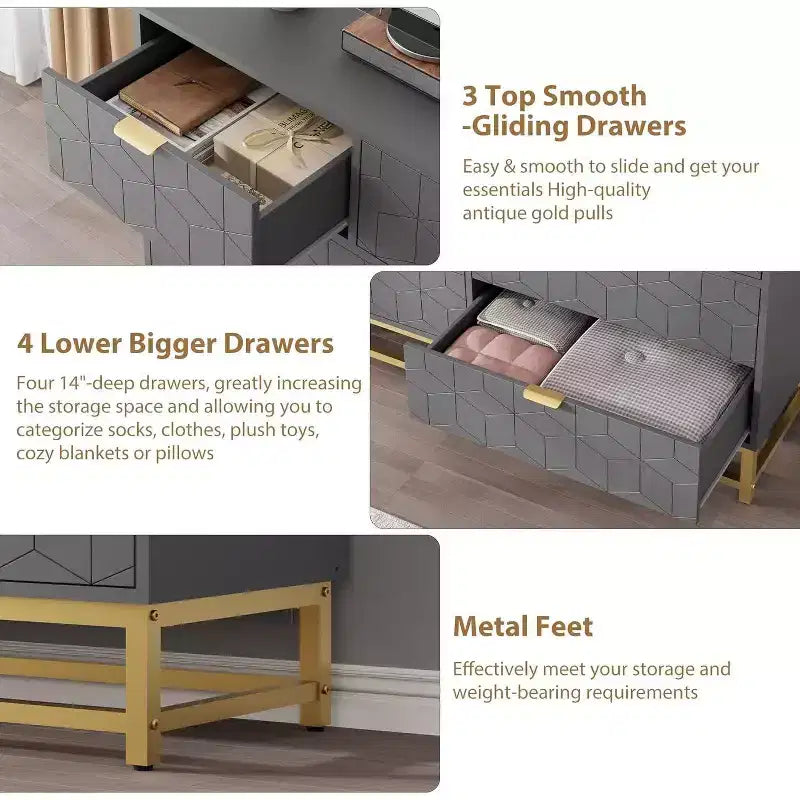Commode moderne de 136 cm de large à 6 tiroirs, façades cannelées, poignées dorées et pieds métalliques - Rangement pour chambre et dressing