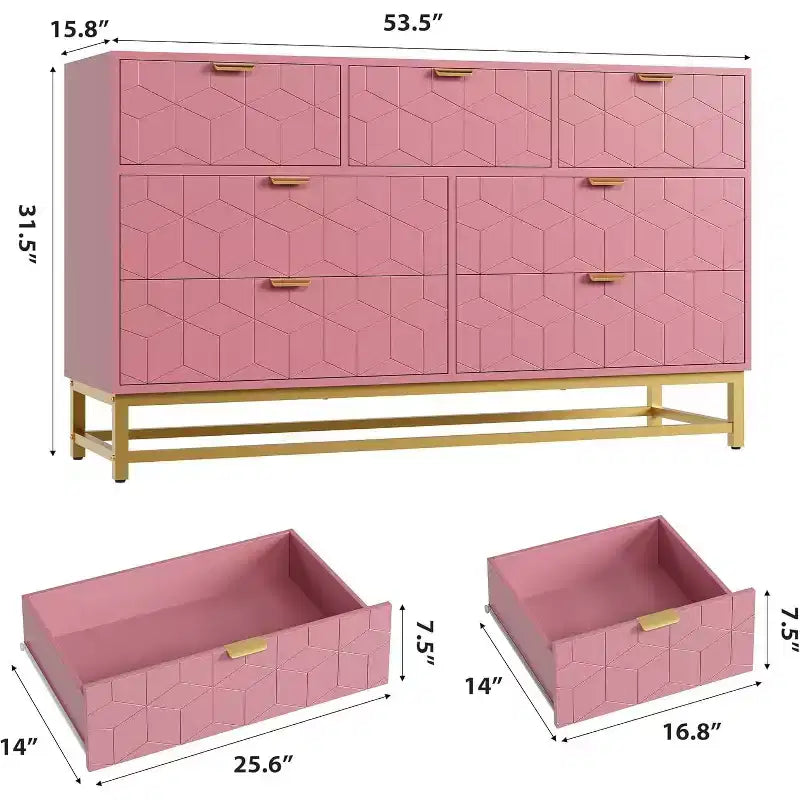 Commode moderne de 136 cm de large à 6 tiroirs, façades cannelées, poignées dorées et pieds métalliques - Rangement pour chambre et dressing