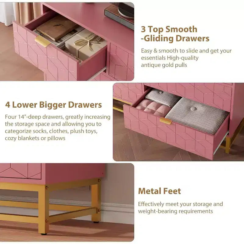 Commode moderne de 136 cm de large à 6 tiroirs, façades cannelées, poignées dorées et pieds métalliques - Rangement pour chambre et dressing