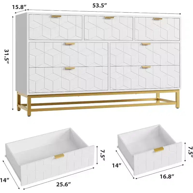 Commode moderne de 136 cm de large à 6 tiroirs, façades cannelées, poignées dorées et pieds métalliques - Rangement pour chambre et dressing