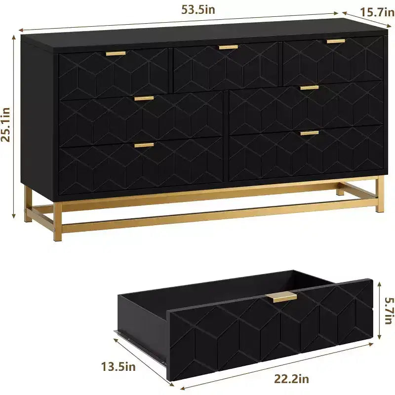 Commode moderne de 136 cm de large à 6 tiroirs, façades cannelées, poignées dorées et pieds métalliques - Rangement pour chambre et dressing