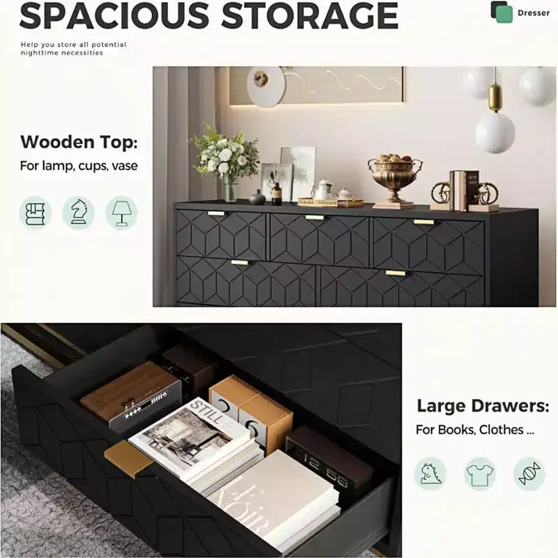 Commode moderne de 136 cm de large à 6 tiroirs, façades cannelées, poignées dorées et pieds métalliques - Rangement pour chambre et dressing
