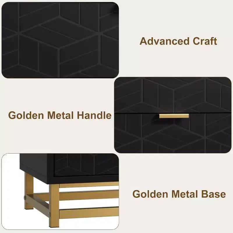 Commode moderne de 136 cm de large à 6 tiroirs, façades cannelées, poignées dorées et pieds métalliques - Rangement pour chambre et dressing