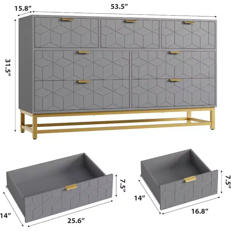 Commode moderne de 136 cm de large à 6 tiroirs, façades cannelées, poignées dorées et pieds métalliques - Rangement pour chambre et dressing