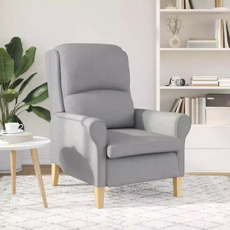 Fauteuil moderne rembourré avec assise et dossier coussinés - Tissu polyester gris clair, structure en bois composite