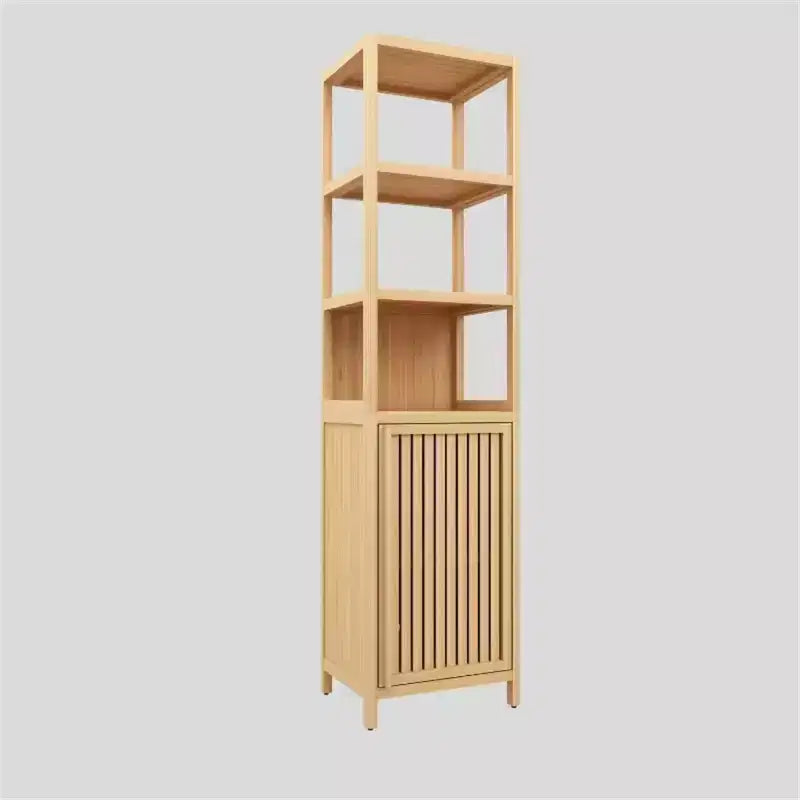 Meuble de rangement haut et étroit, meuble de salle de bain en bambou avec porte persienne et 3 étagères, étagère d'angle pour salle de bain, salon, cuisine, couleur neutre