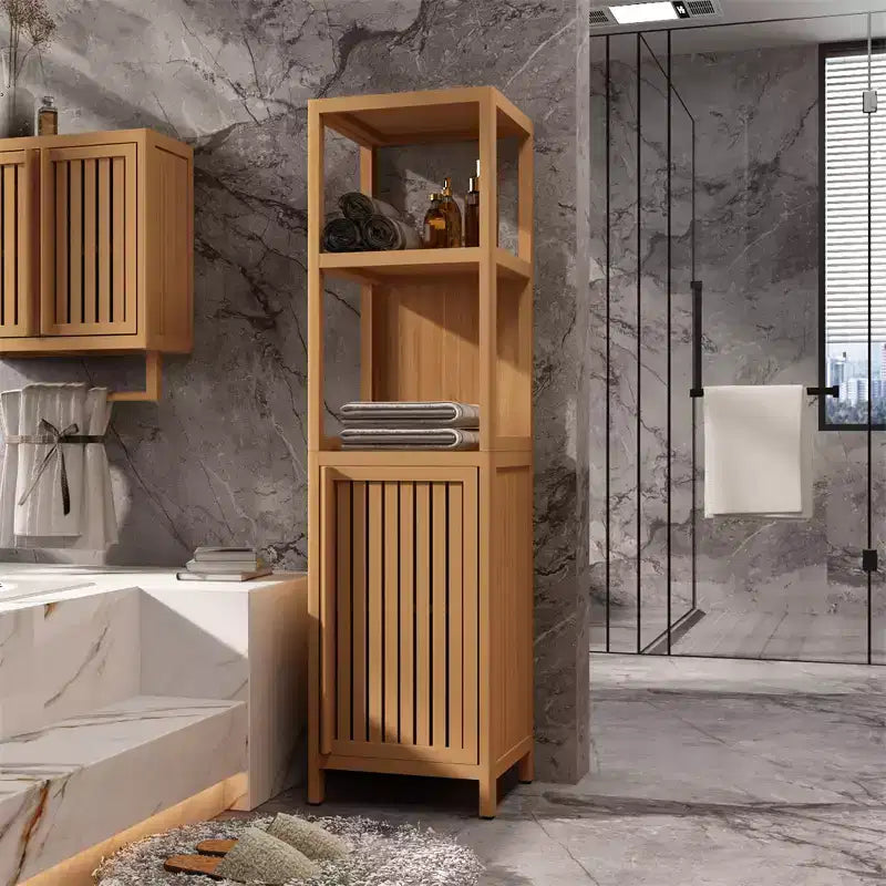 Meuble de rangement haut et étroit, meuble de salle de bain en bambou avec porte persienne et 3 étagères, étagère d'angle pour salle de bain, salon, cuisine, couleur neutre