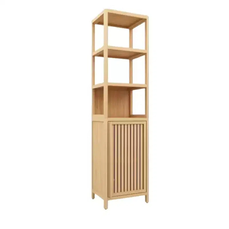 Meuble de rangement haut et étroit, meuble de salle de bain en bambou avec porte persienne et 3 étagères, étagère d'angle pour salle de bain, salon, cuisine, couleur neutre