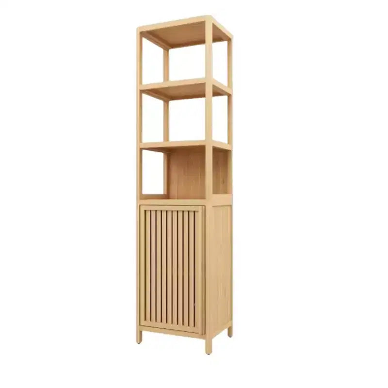 Meuble de rangement haut et étroit, meuble de salle de bain en bambou avec porte persienne et 3 étagères, étagère d'angle pour salle de bain, salon, cuisine, couleur neutre