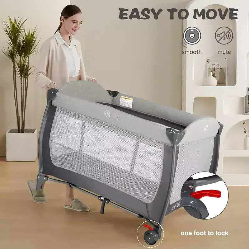 Berceau 4 en 1 et parc portable – Lit de chevet convertible, table à langer, panier de rangement et sac de voyage