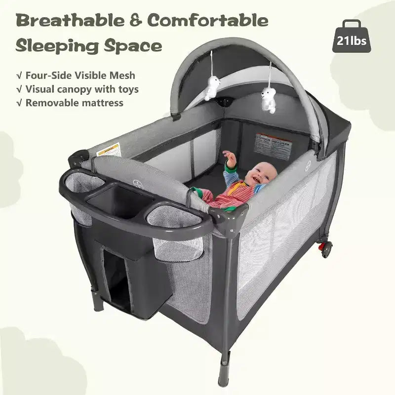 Berceau 4 en 1 et parc portable – Lit de chevet convertible, table à langer, panier de rangement et sac de voyage