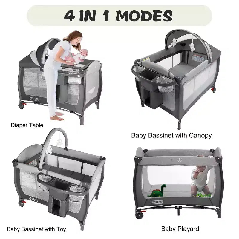 Berceau 4 en 1 et parc portable – Lit de chevet convertible, table à langer, panier de rangement et sac de voyage