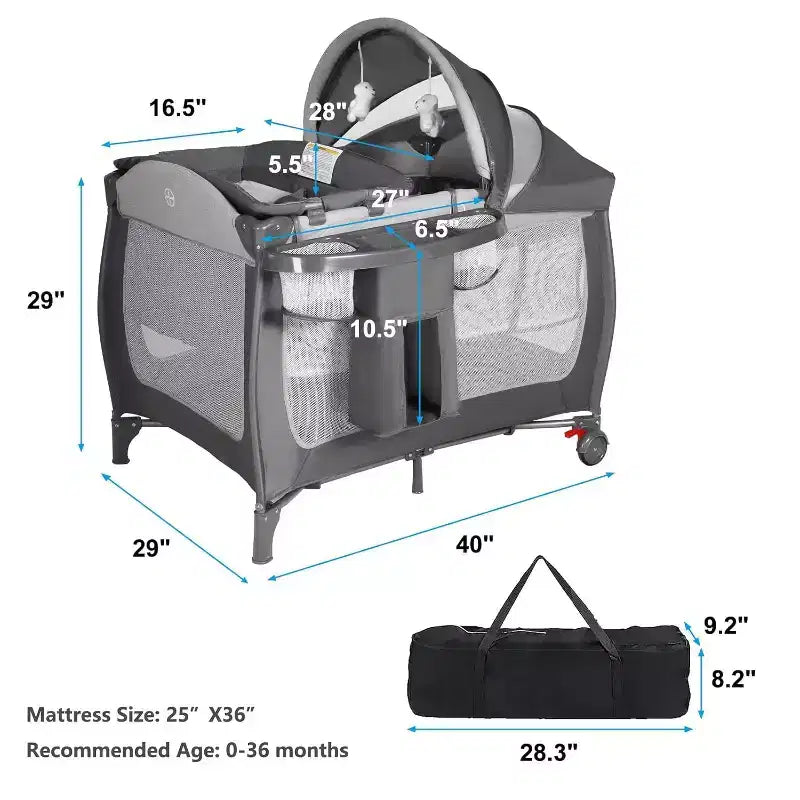 Berceau 4 en 1 et parc portable – Lit de chevet convertible, table à langer, panier de rangement et sac de voyage